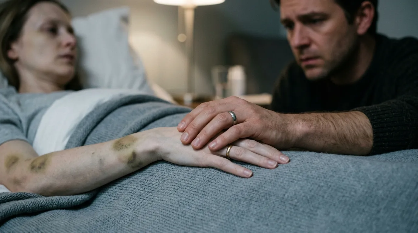 A husband holding his wife's hands, revealing dark circular bruises on her wrists.