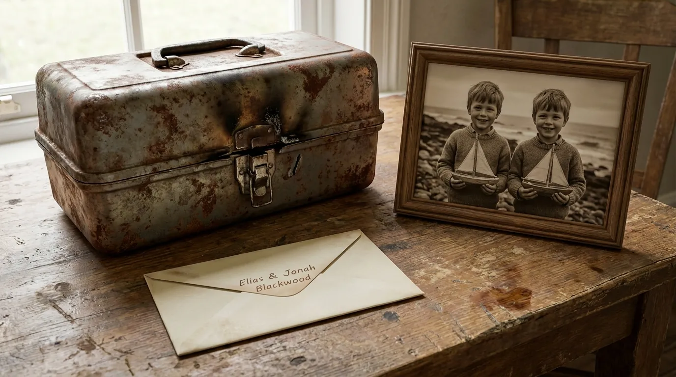 An old, slightly burned metal tackle box on a table next to a letter