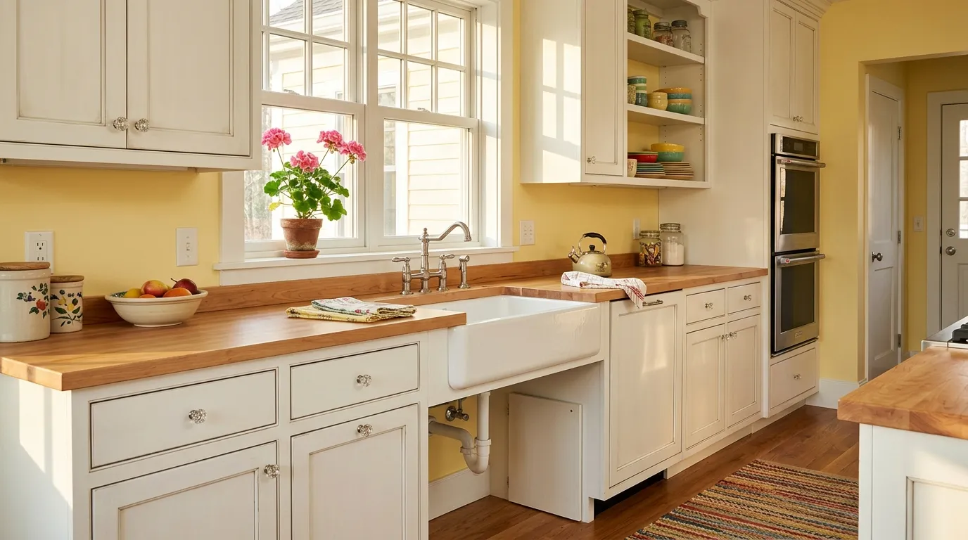 A cozy kitchen painted pale buttercup yellow with lowered white cabinets