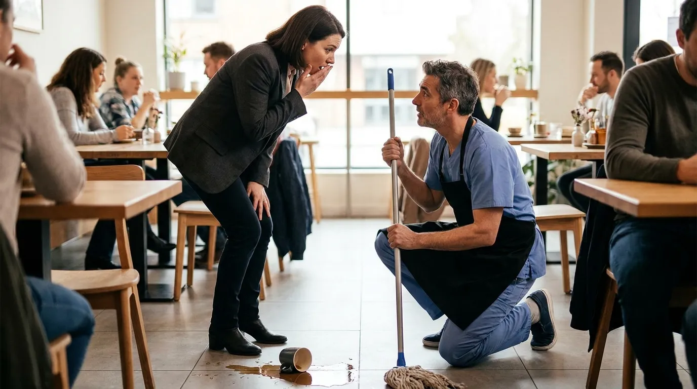 Woman spilling coffee as a man in scrubs cleans it up in a cafe