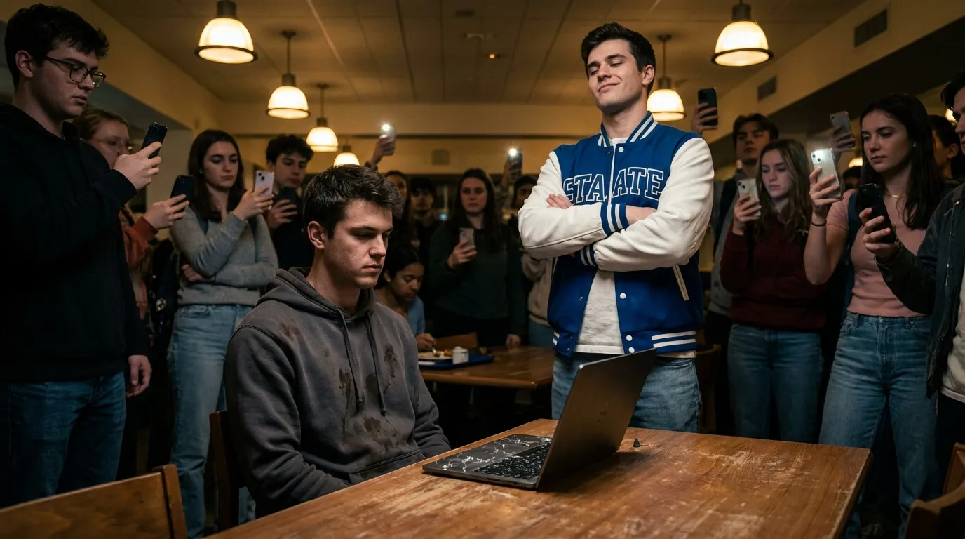 A college student sitting calmly in a cafeteria while a bully in a varsity jacket stands over him, as onlookers record with their phones.