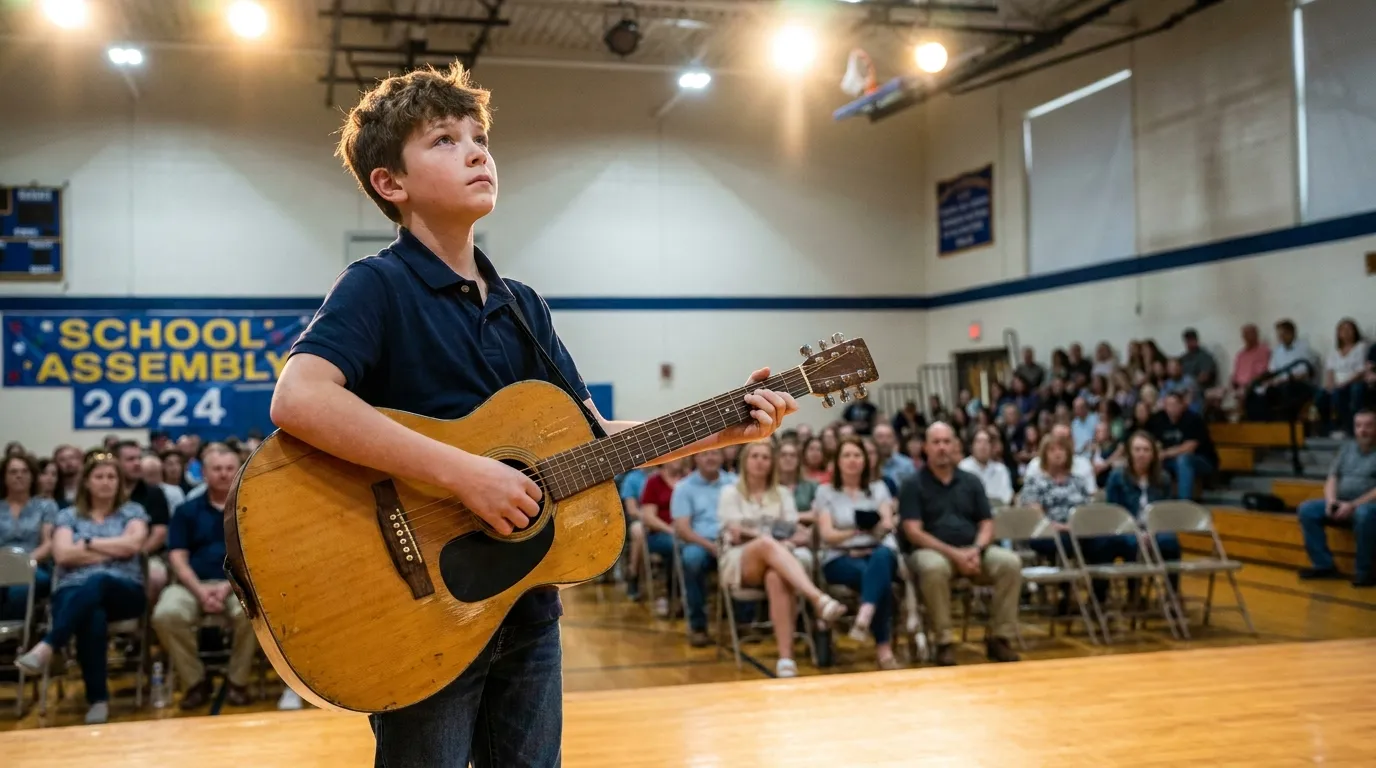Boy on stage holding a worn acoustic guitar under a spotlight
