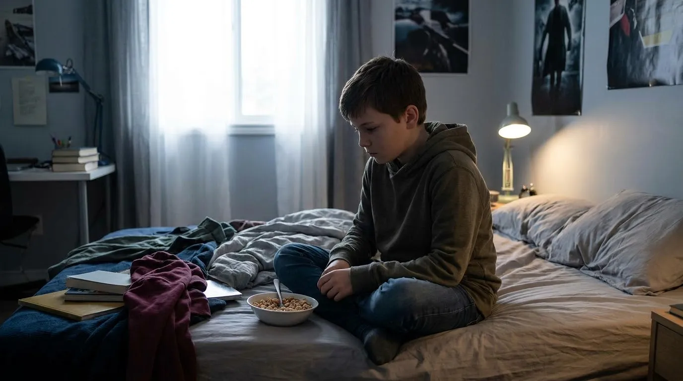 Young boy sitting alone in his bedroom looking sad and withdrawn