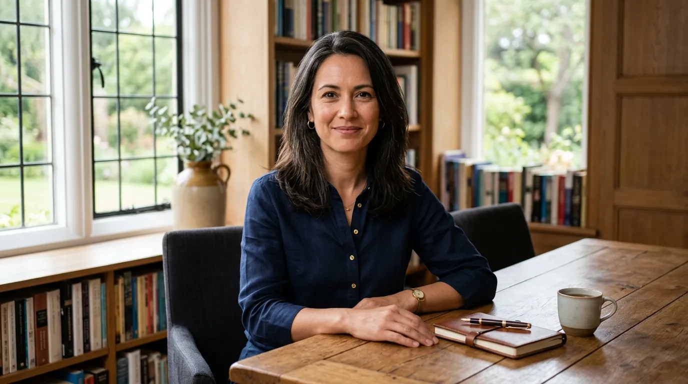 A calm 42-year-old woman with dark hair sitting at a wooden table