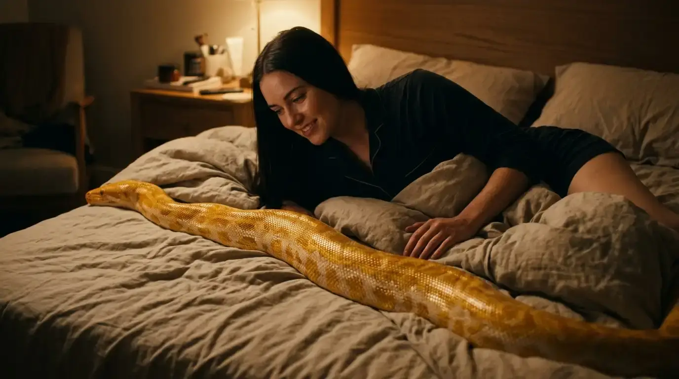 Camilla lying in bed next to a massive golden python stretching out beside her