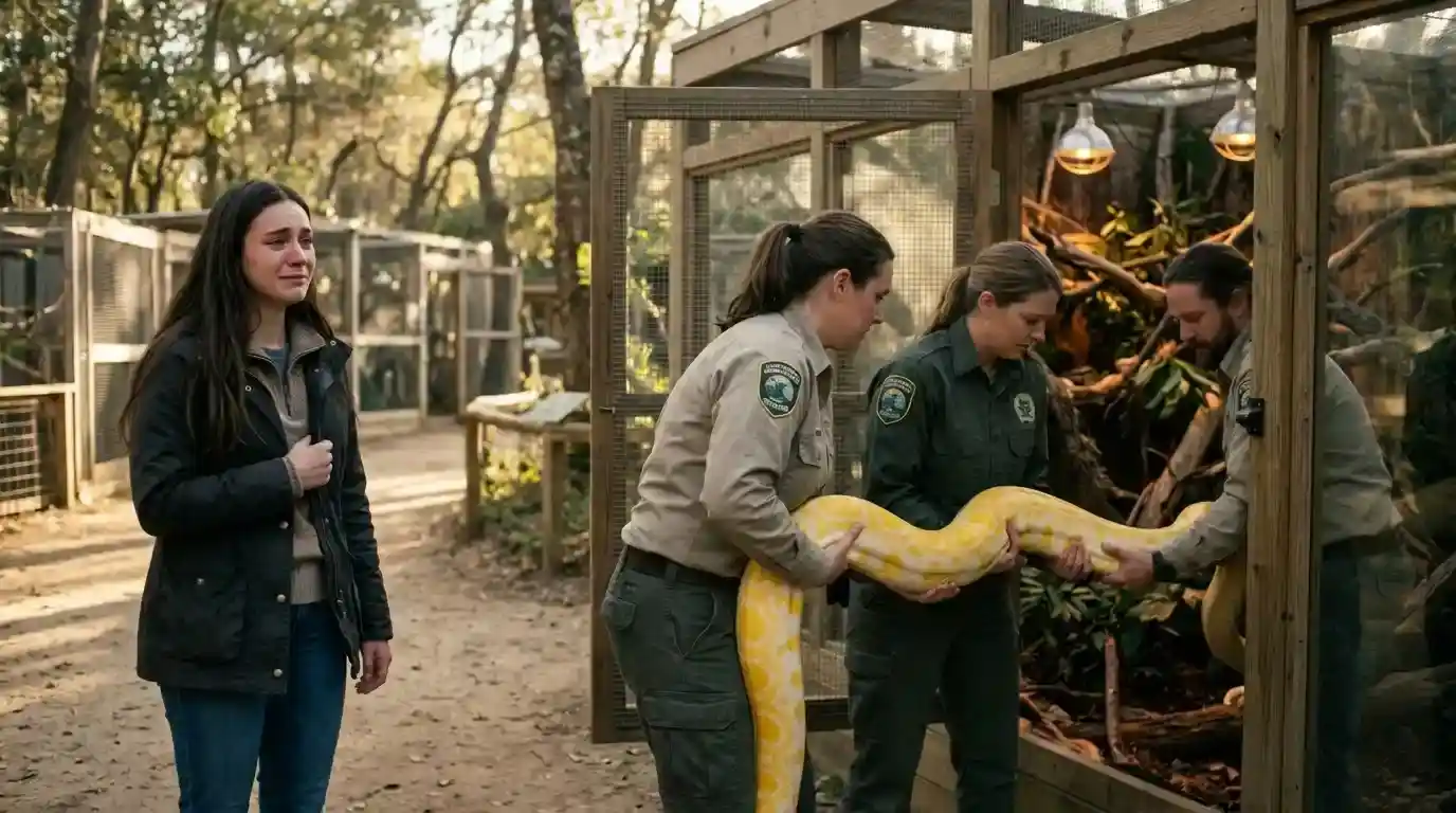 Camilla watching sadly as professionals move the golden python into a secure enclosure