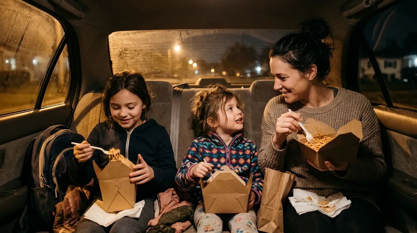 Mother and two daughters happily eating takeout pasta in the backseat of a car at night