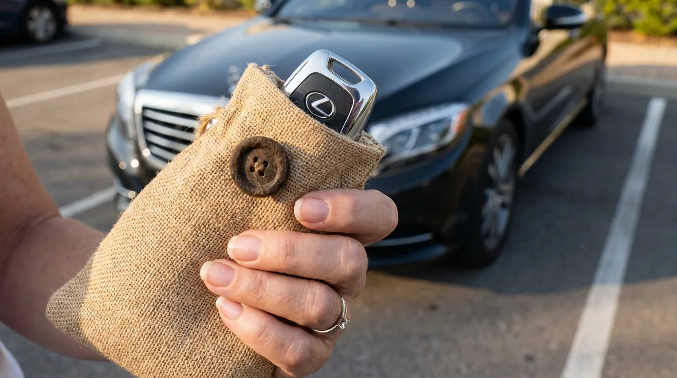 A woman's hand clutching a small cloth bag containing a brown wool button and a car key.