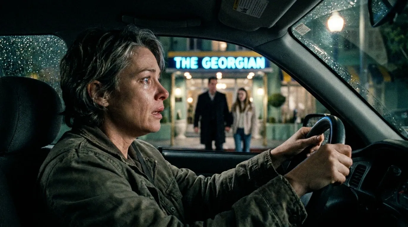 A woman sits in a dark car, looking out the window in shock at a hotel entrance.