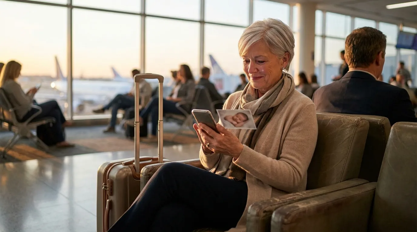 A petite older woman with short silver hair sitting in an airport terminal, looking at a photo of a newborn on her phone with a warm smile.