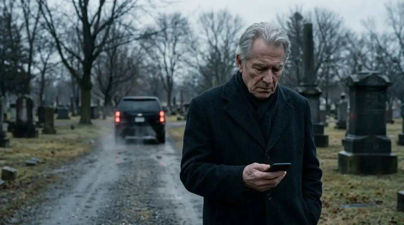 Elderly man standing alone in a cold cemetery looking at a text on his phone while an SUV drives away