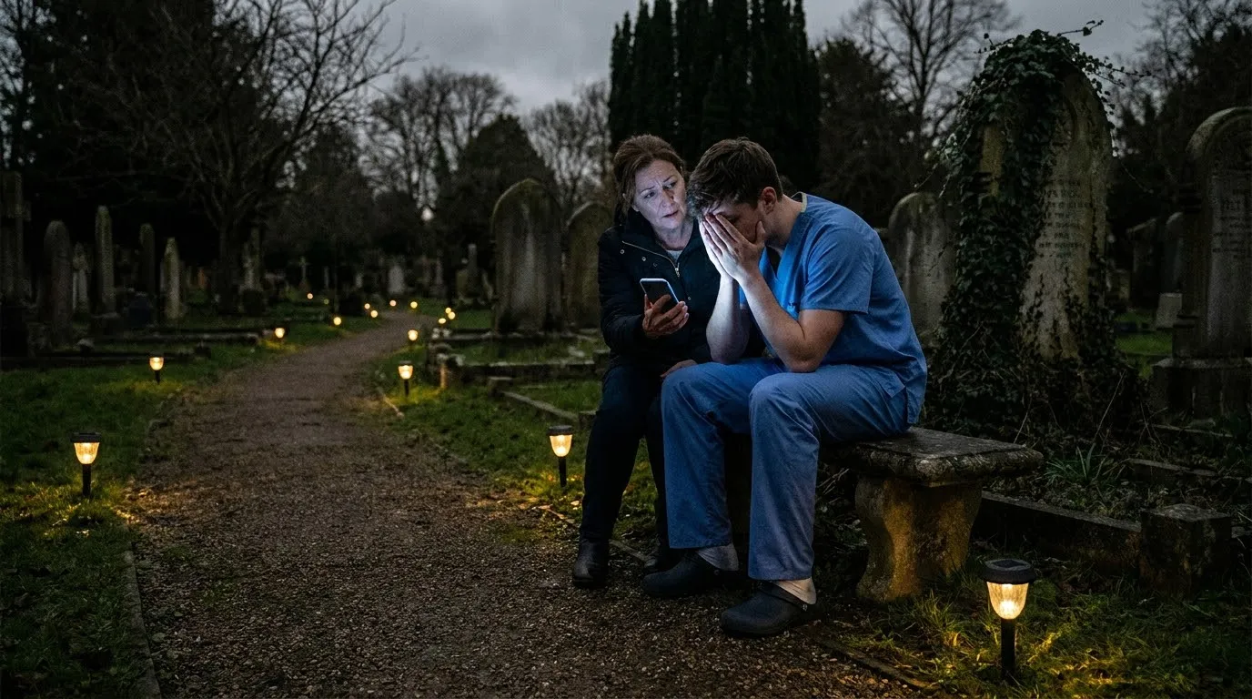 A mother and son sit on a cemetery bench at night, looking in horror at a glowing smartphone screen.