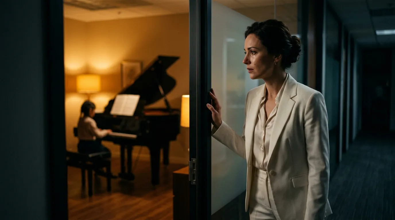 A female CEO in a white suit crying silently in the doorway while watching her daughter play piano.