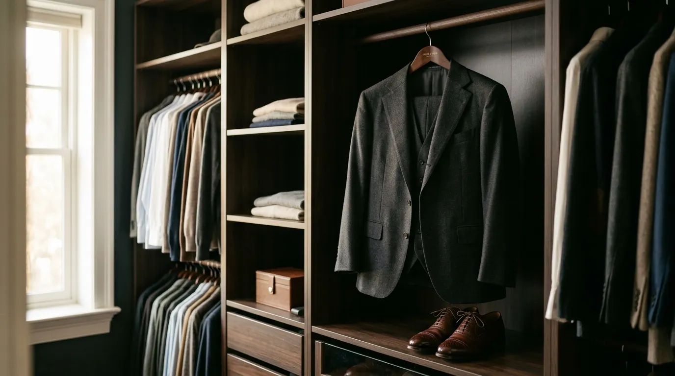 A dark charcoal wool three-piece suit hanging neatly in a softly lit closet