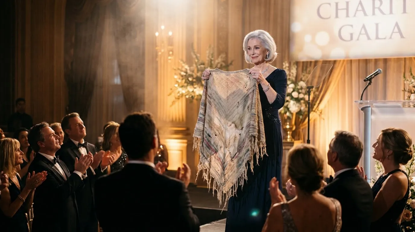 Elegant older woman holding up a faded thrift store shawl at a charity gala while the crowd applauds