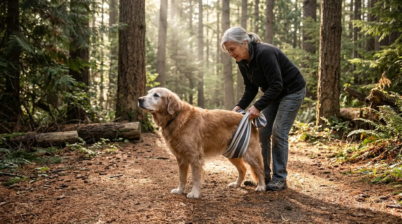 Golden retriever walking slowly in a pine forest, supported by a towel sling held by an older woman