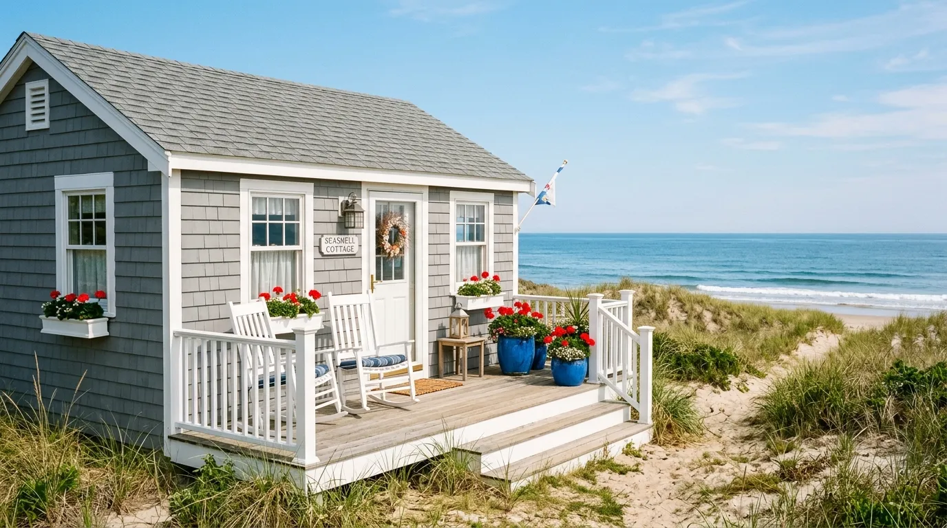 Small gray beach cottage with white trim and blue flowerpots on the porch