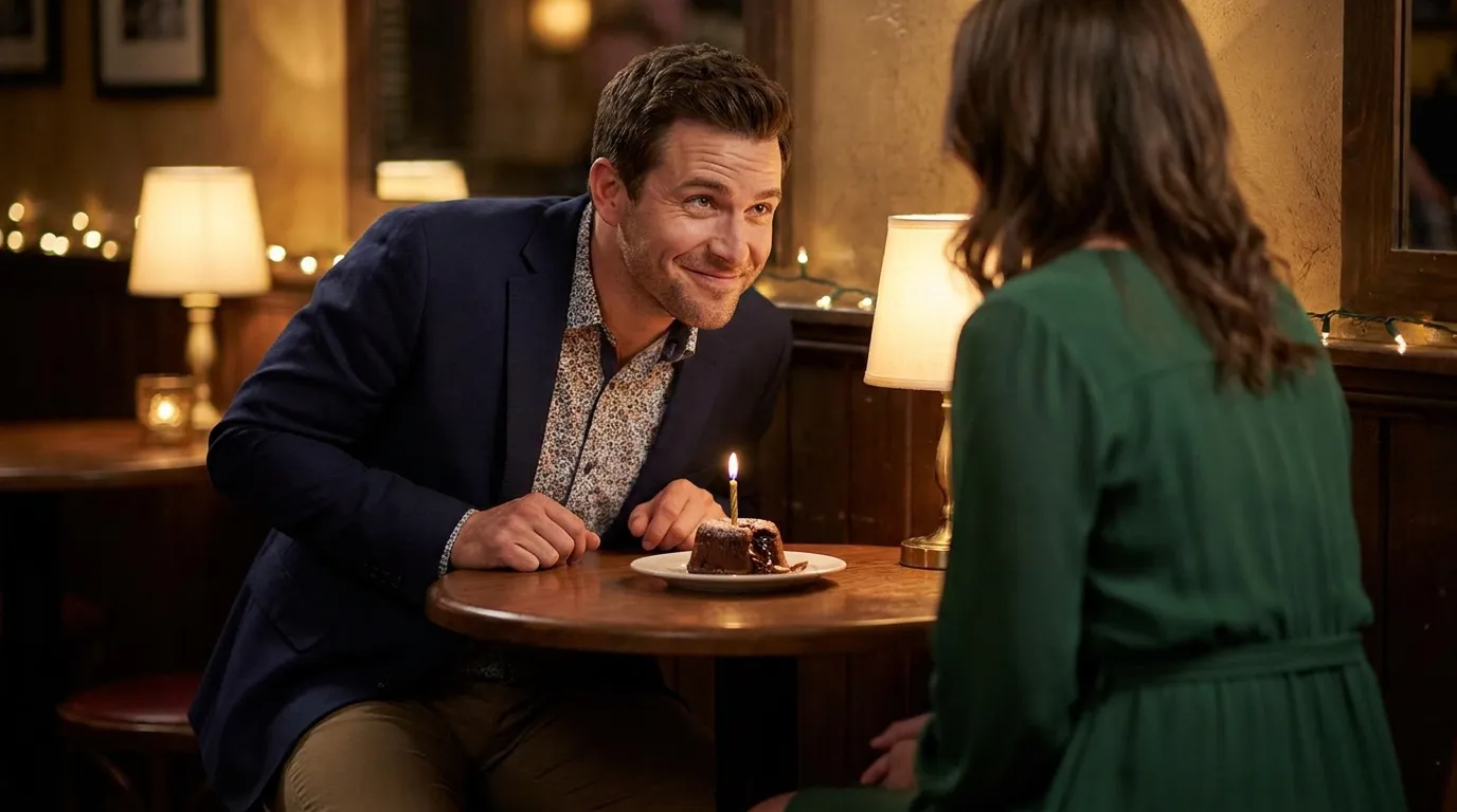 Handsome 40-year-old man smiling at an older woman across a table with a birthday candle on a dessert