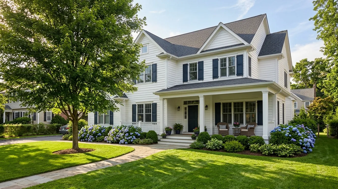 A beautiful two-story suburban house with a white exterior, green lawn, blooming hydrangeas, and a large maple tree.