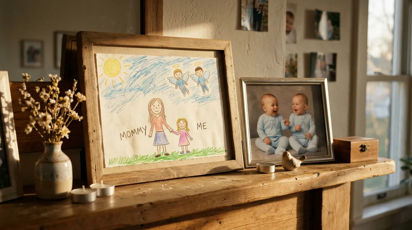 A child's framed crayon drawing of a mother, a daughter, and two baby brothers with angel wings, sitting next to a photo of twins