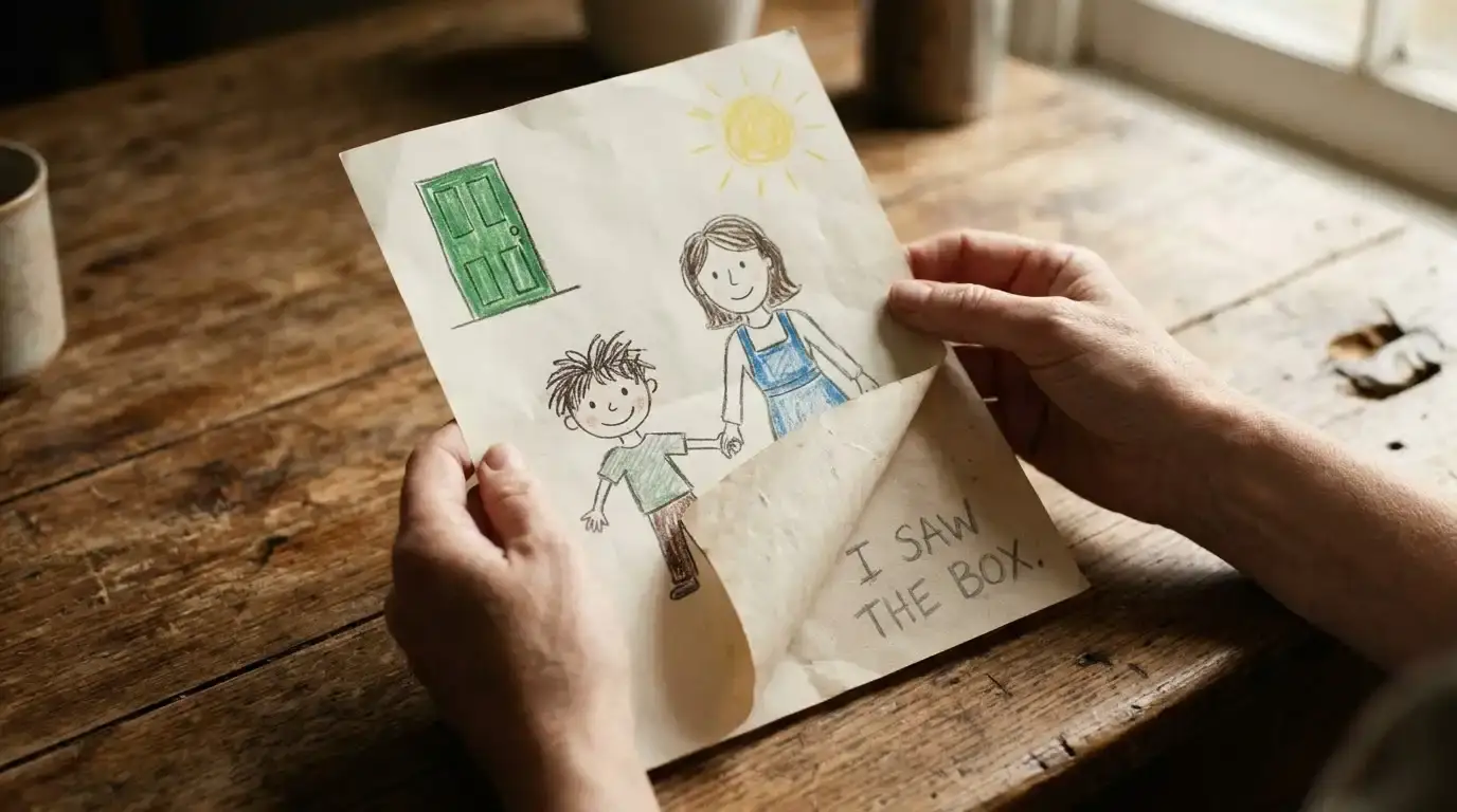 Child crayon drawing of a nanny and boy holding hands next to a green door with a handwritten note on the back