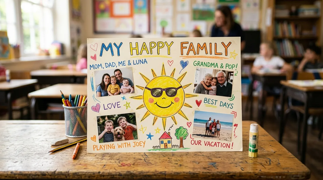A child's family tree poster featuring a drawing of the sun