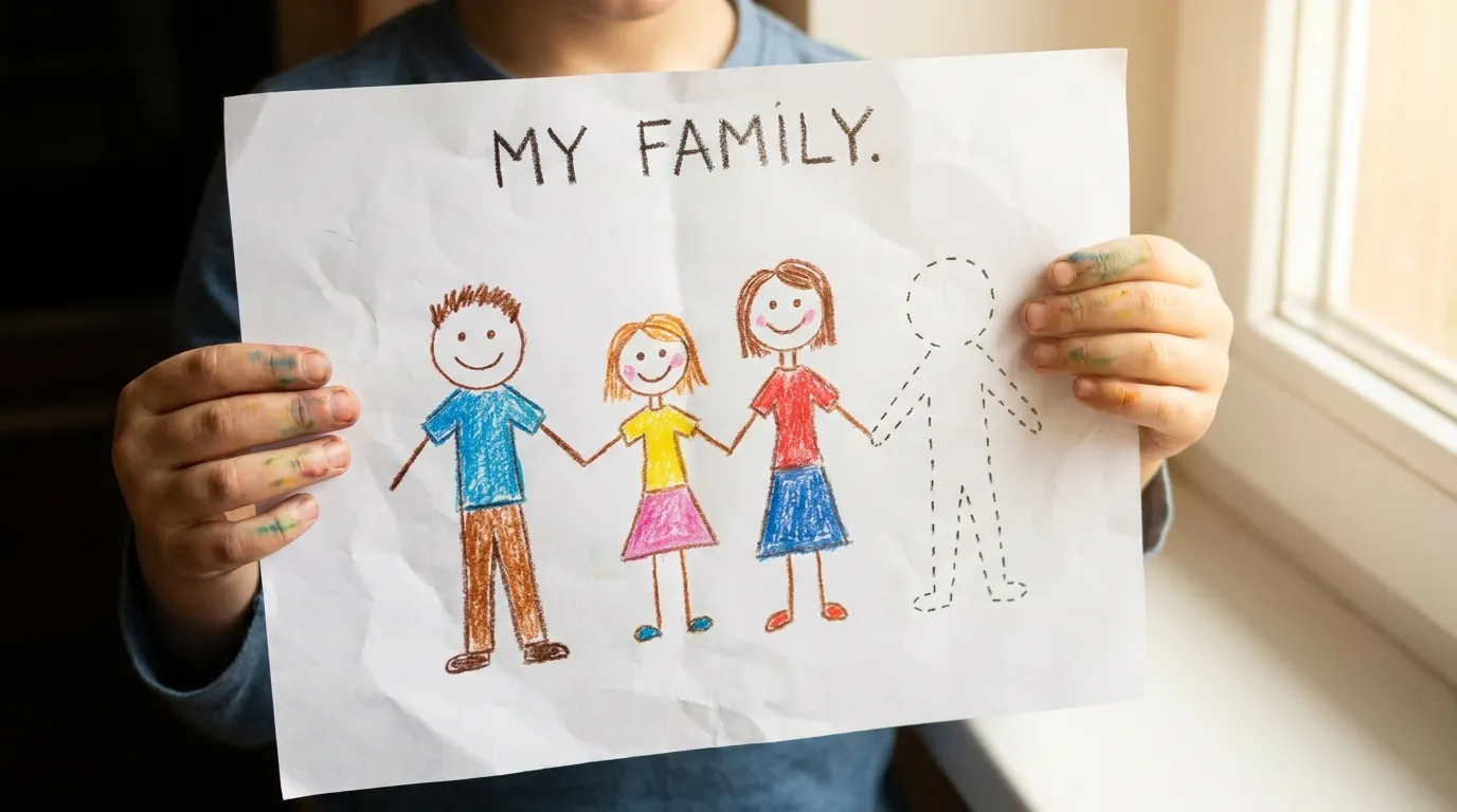 A child's crayon drawing showing three stick figures and one empty dashed outline of a fourth person