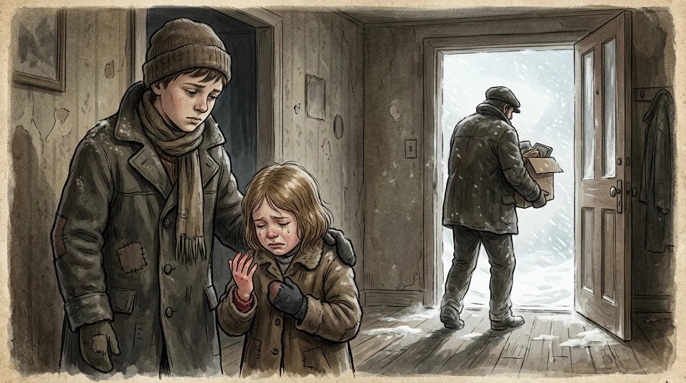 A 13-year-old boy and his crying little sister watching their father carry a box out into a snowstorm.