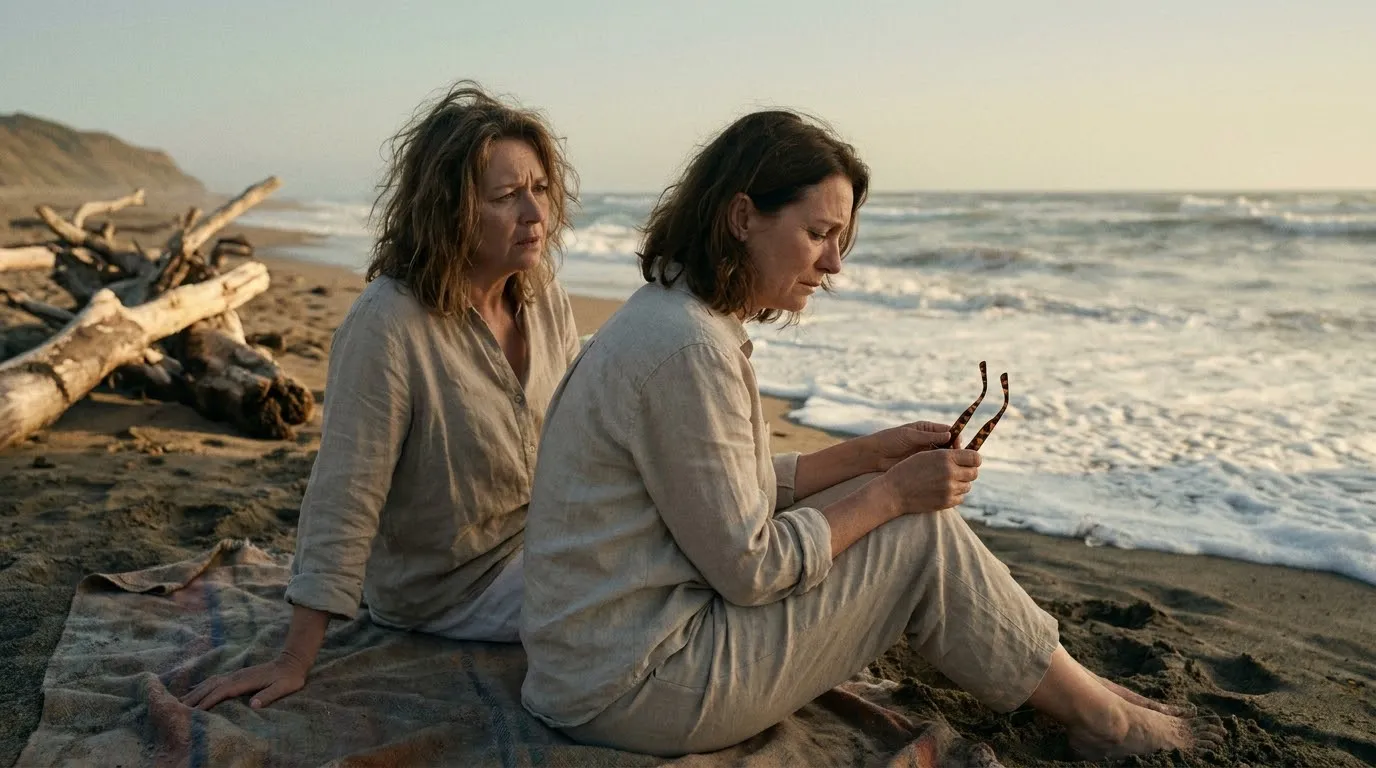 Two women sitting on a beach having a tense conversation