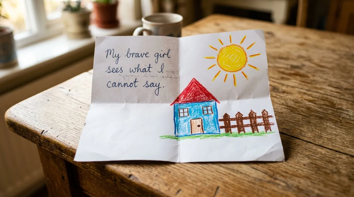 A child's crayon drawing of a house and sun with elderly handwriting on it