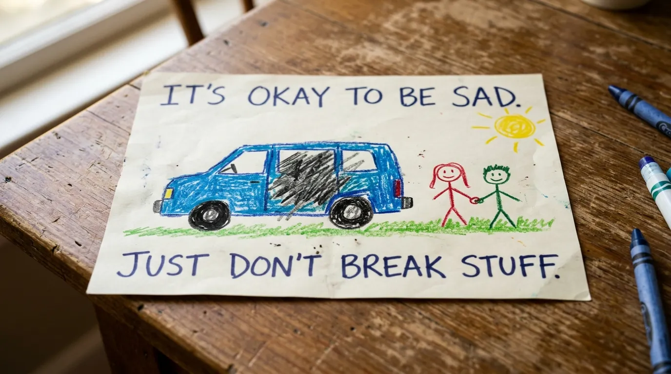 A child's drawing of a dented minivan with text reading: IT'S OKAY TO BE SAD. JUST DON'T BREAK STUFF.