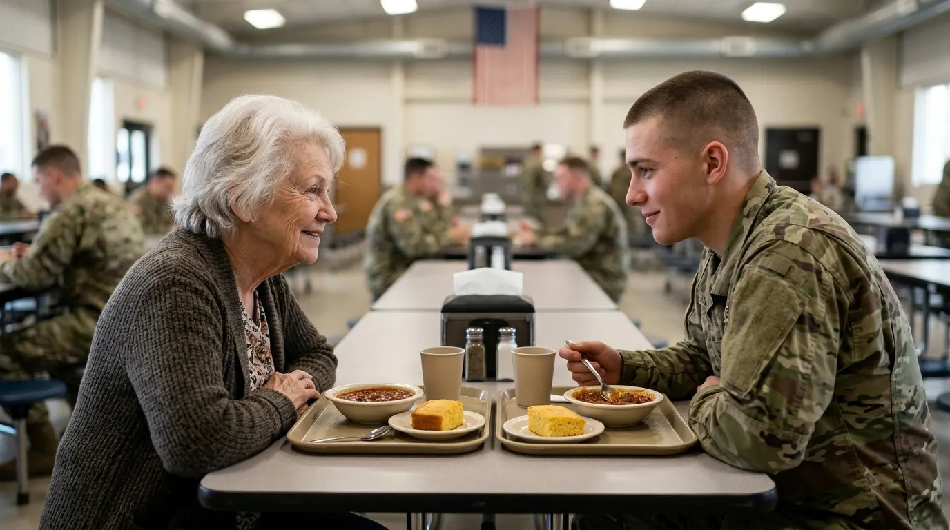 Elderly woman and a young soldier eating chili together in a dining hall
