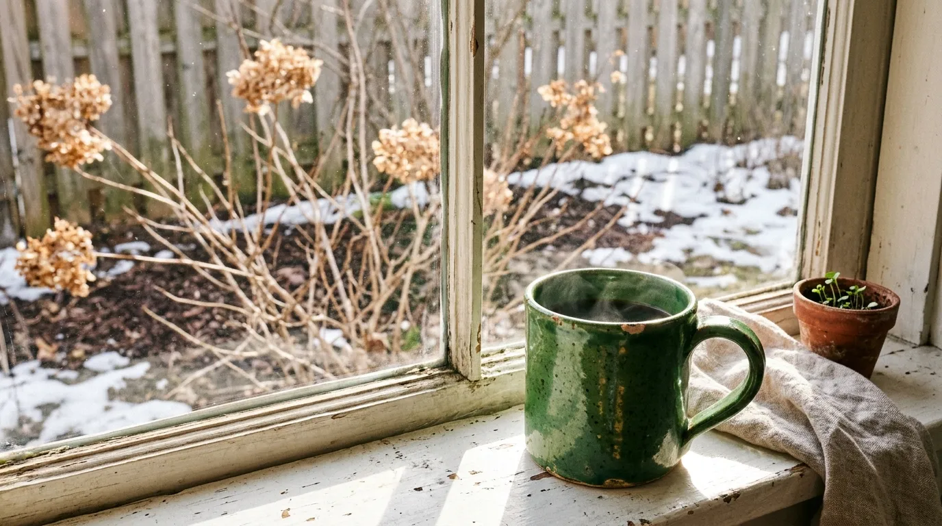 A close-up of a chipped green ceramic coffee mug on a windowsill with a winter garden outside.