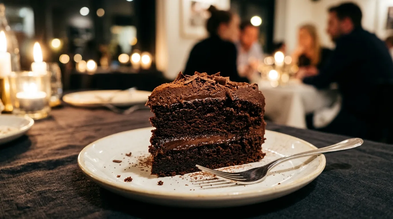 A slice of rich chocolate cake on a white plate in a warmly lit restaurant setting.