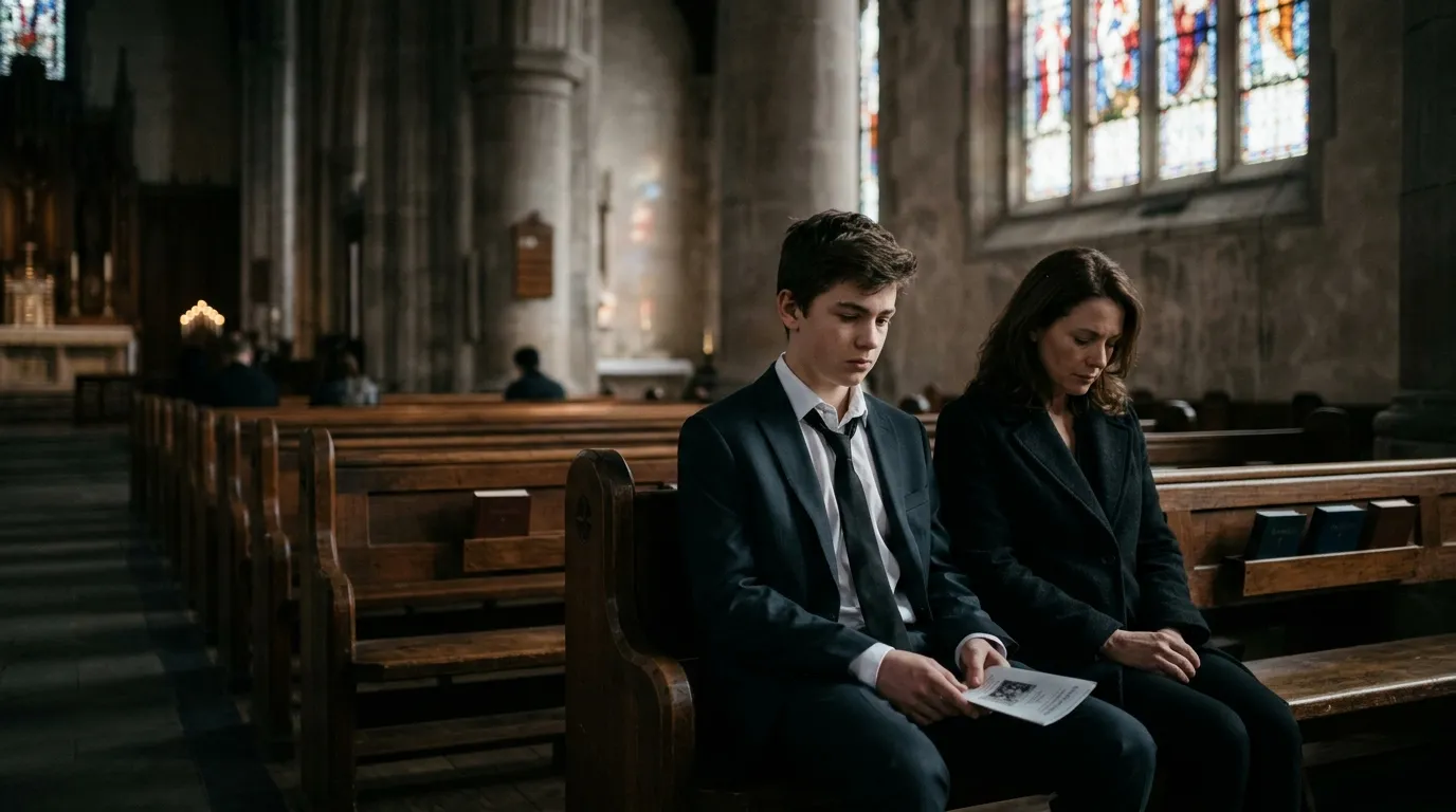 Boy and mother sitting in the back pew of a dimly lit church