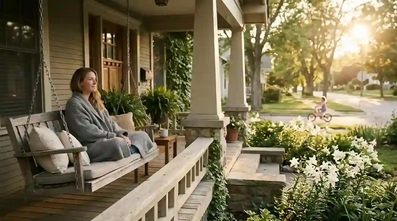 Claire sitting peacefully on her father's porch swing with blooming lilies in the yard