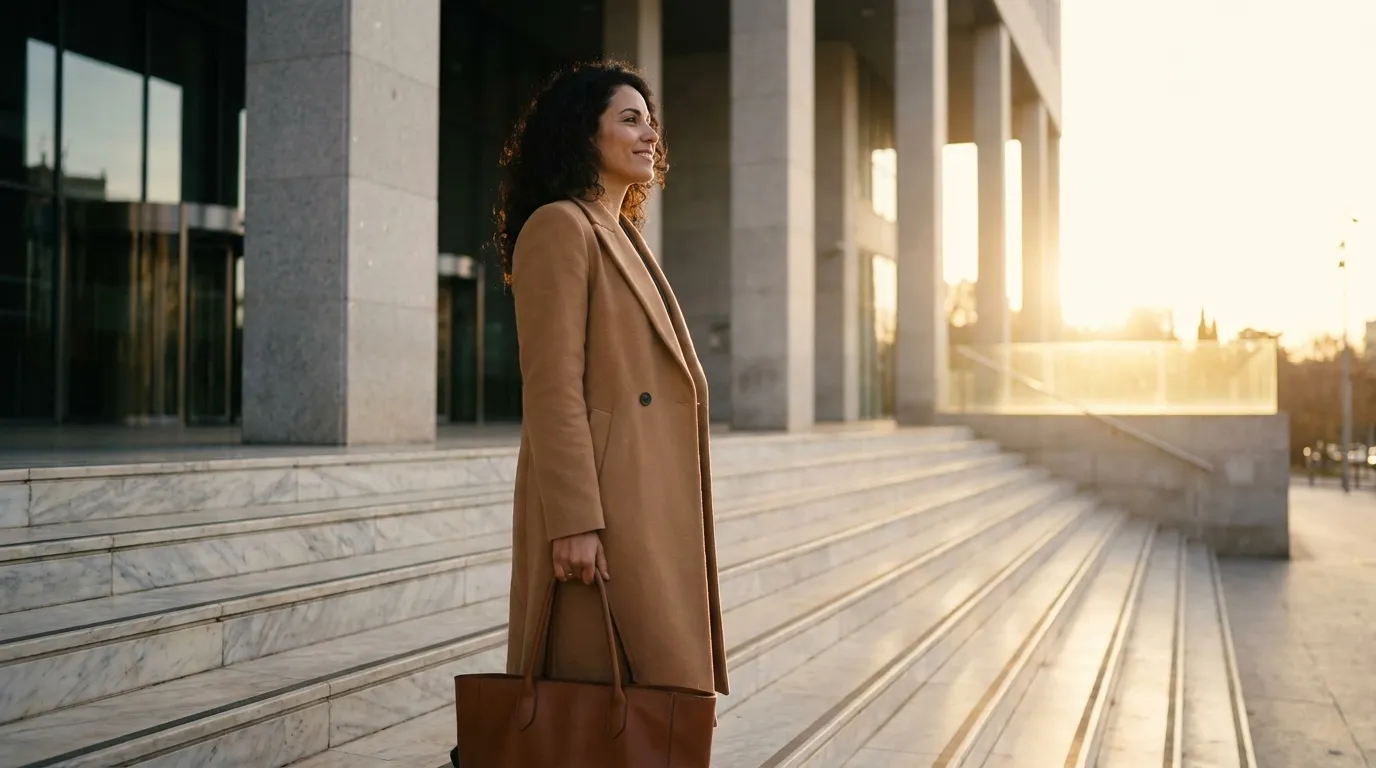 Clara walking down courthouse steps in the bright morning sun, looking victorious and free
