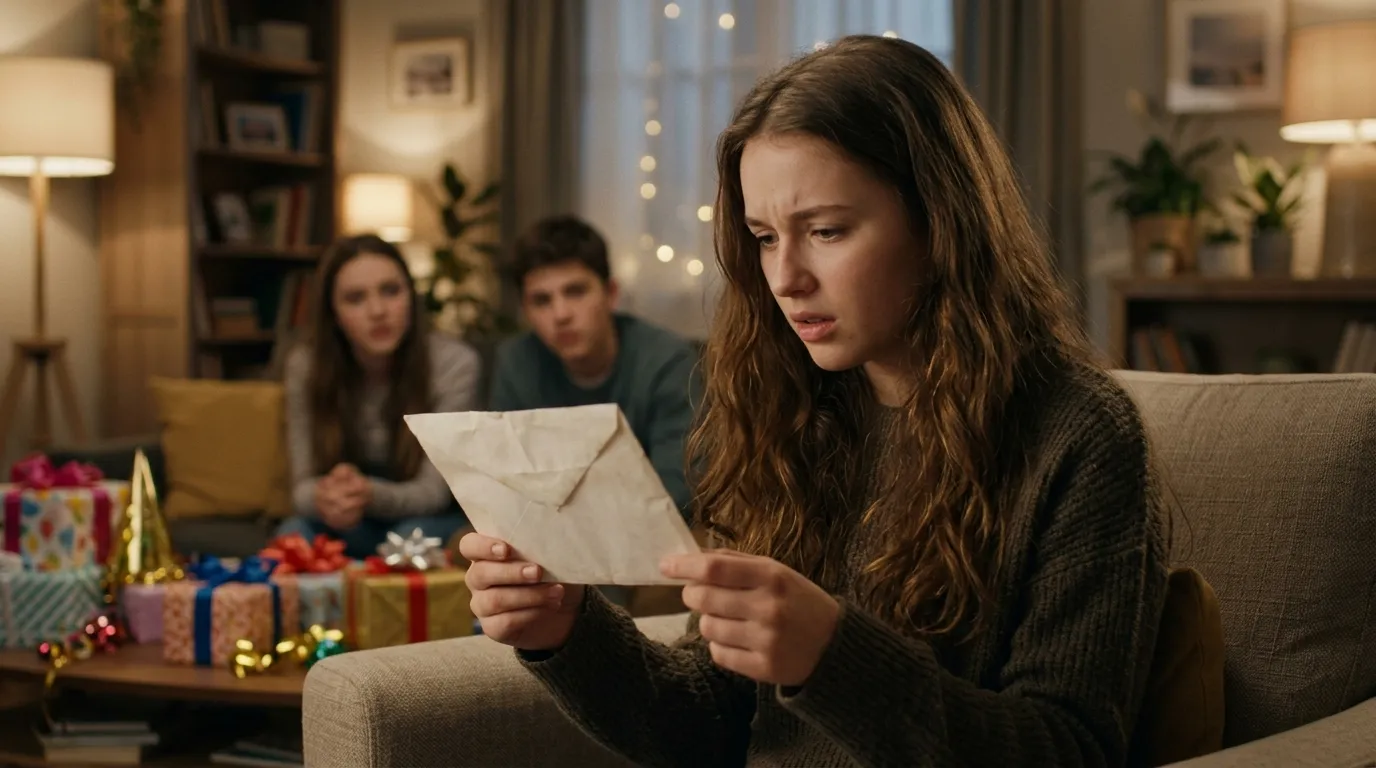 Clara opening an old white envelope at her birthday party