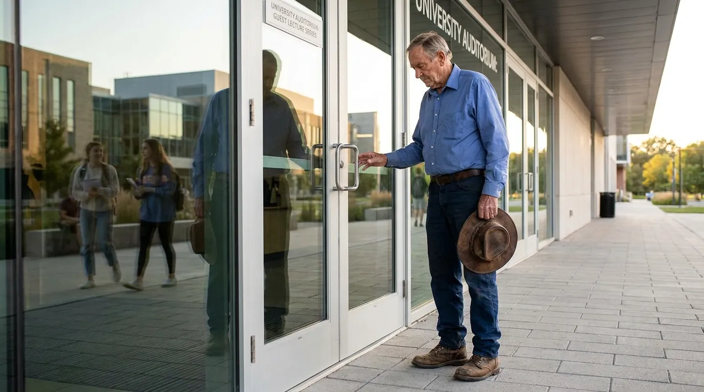 Elderly rancher in a blue shirt and old boots hesitating outside a university auditorium