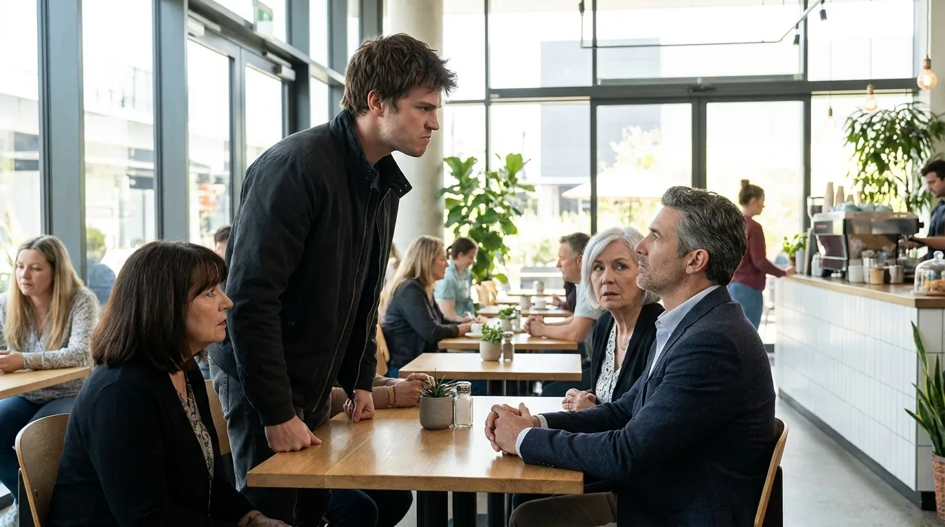 Ryan stands up at a coffee shop, rejecting his father's offer while his mother and Barbara watch