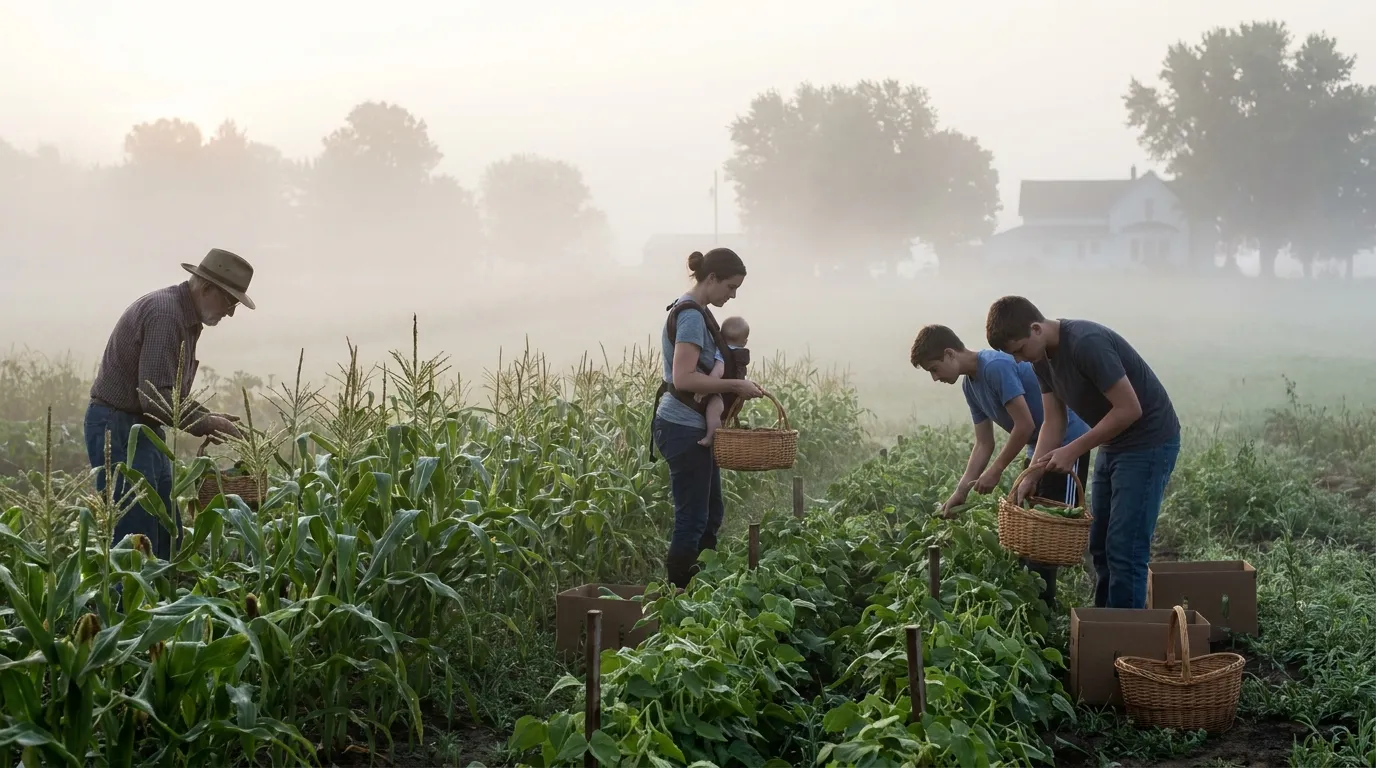 A line of old cars parked near a garden in the thick morning fog with people gently picking vegetables