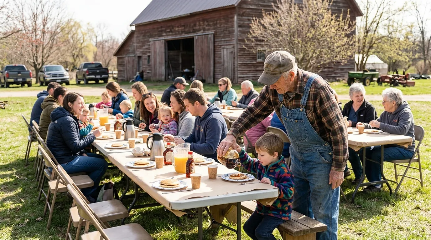 Families enjoying a pancake breakfast at a rustic farm with an old farmer pouring syrup