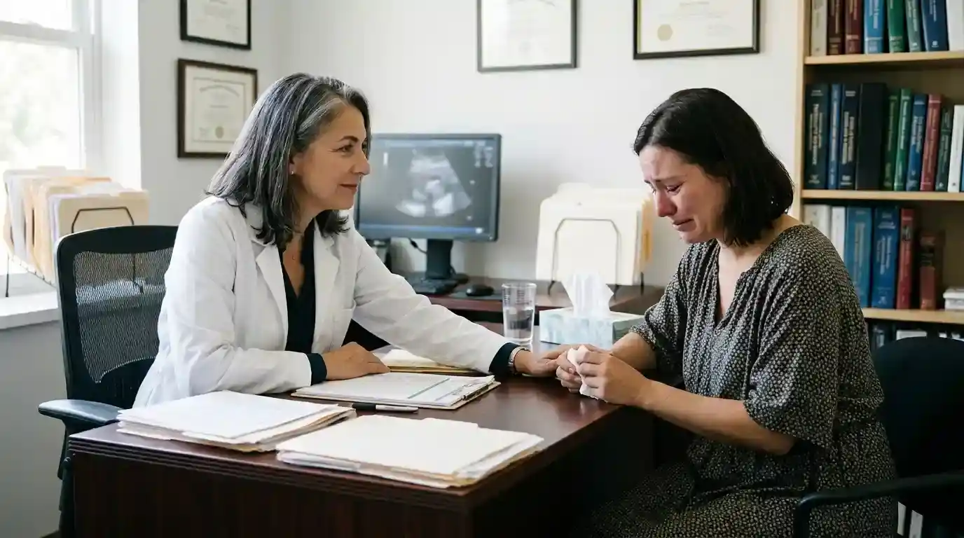 A compassionate doctor consoling a tearful woman in a private clinic consultation room
