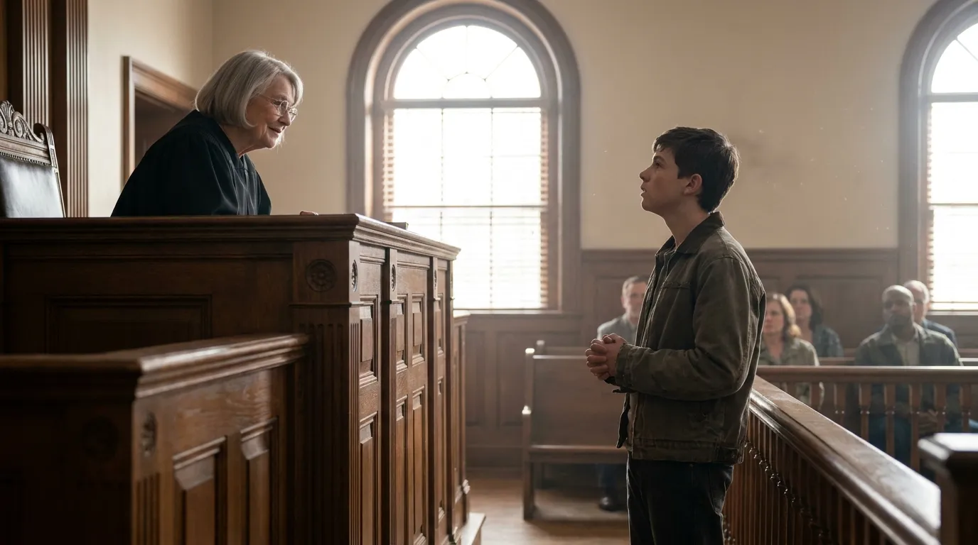 An elderly judge looking down from the bench with compassion at a nervous teenager