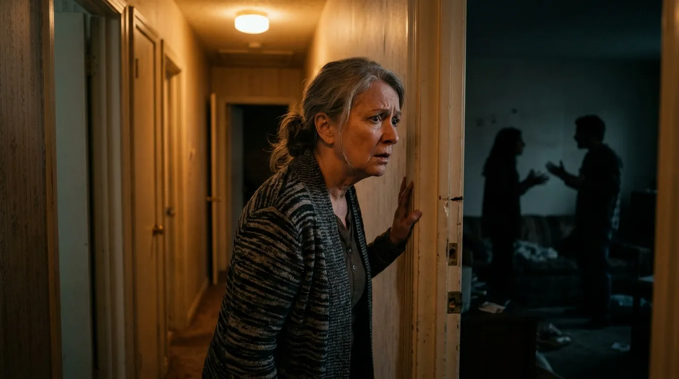 An older woman looking concerned as she listens to a heated argument through an open doorway