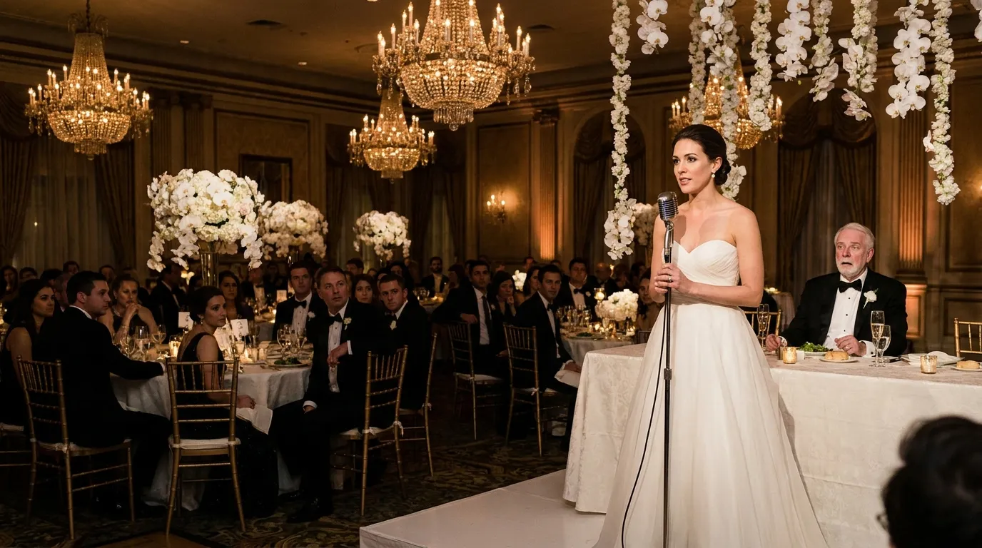 Bride in wedding dress standing confidently at a microphone in an orchid-filled ballroom