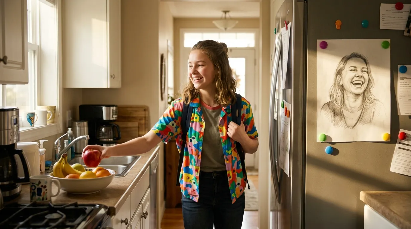 Confident teenage girl in a short-sleeved shirt walking out the door