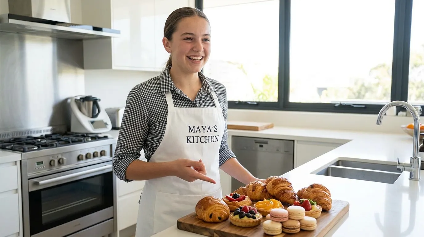 Confident 17-year-old female aspiring chef smiling proudly in a kitchen