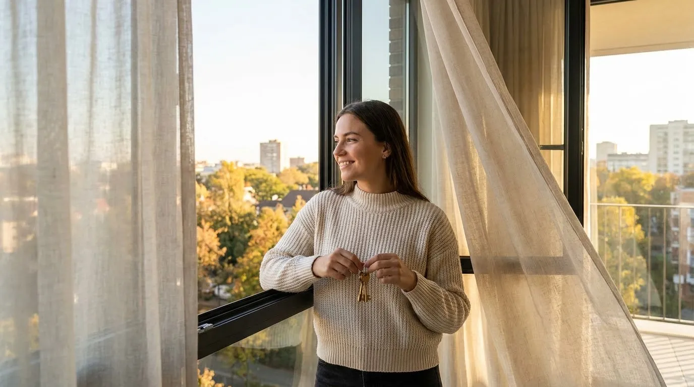 A confident woman standing by an open window in a bright condo, holding keys