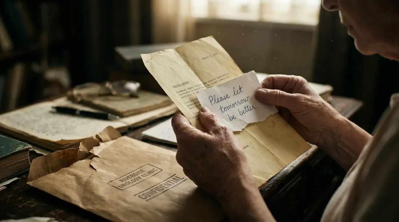 Hand holding a confidential medical report revealing a secret vasectomy procedure